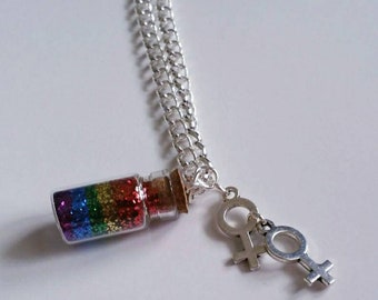 Rainbow Glitter Pendant Necklace, Venus Mars Rainbow Necklace, LGBTQ Jewelry, Gay Pride Jewelry, Lesbian Pride Jewelry, Gift for Partner