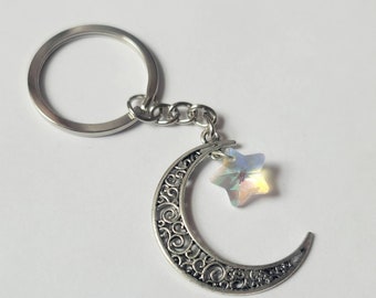 Moon and Star Keychain, Moon and Star Keyring, Moon and Star Zipper Pull, Moon and Star Purse Accessory, Celtic, Witch Keychain, Astronomy