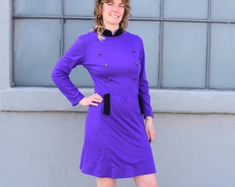 60s Purple Knit Dress With Black Cuffs And Collar