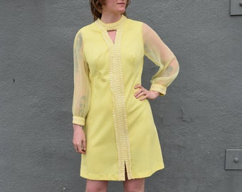 60's/70's vintage yellow dress sheer long sleeve- Sz. S