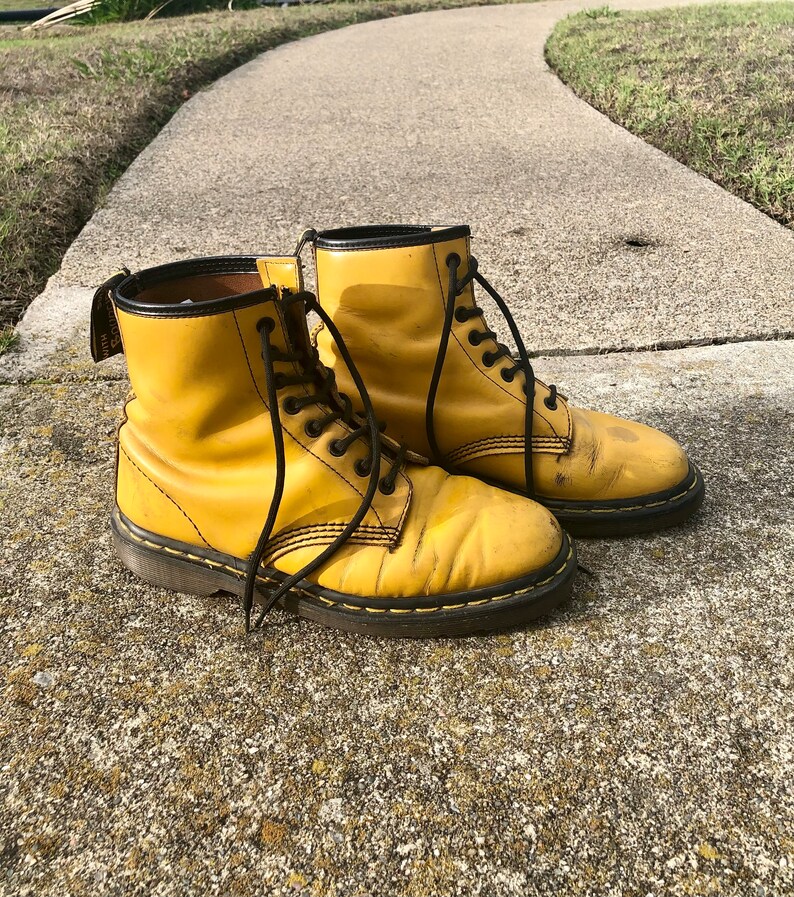 Vintage 80s 90's Yellow Dr. Martens Rare Punk Boots Made In England US8 UK 6 image 3