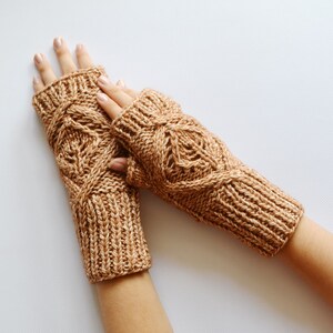 Cotton hand knitted gloves Ladies gloves Fingerless Beige gloves Handmade wrist warmers Leaves Gloves Mothers day gift beige