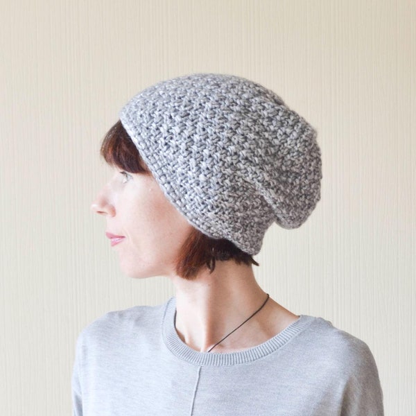 Grey Knitted Merino Wool Slouch Beanie: Warm Winter Hat for Women