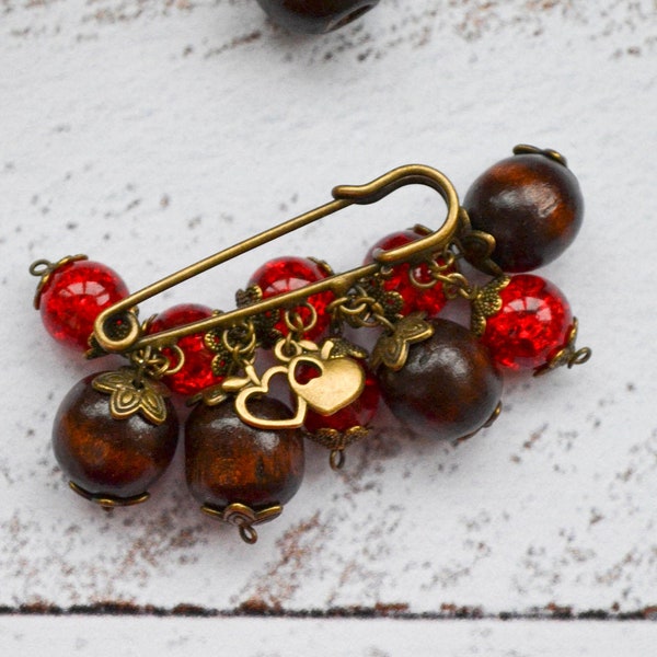 Wooden brooch Womens brooch pin with hearts Shawl pin wood Small gift for women Christmas Gift