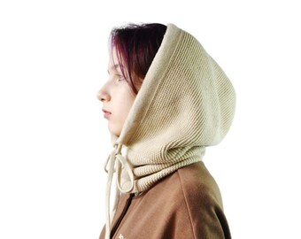 Beige Hooded Scarf Cowl Balaclava Wool Hood for Women Warm Neck Scarf Spring Gift for Women