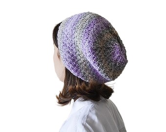 Violet beige striped slouch hat Valentines day gift Loose Fit Beanie Lightweight Hand knit Womens hats Baggy beanie Free size hat