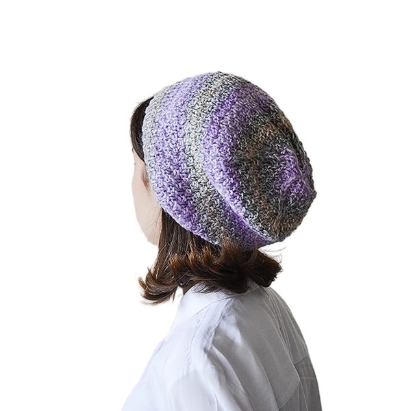 Violet beige striped slouch hat Mothers day gift Loose Fit Beanie Lightweight Hand knit Womens hats Baggy beanie Free size hat