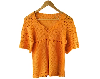 Vintage 90s Crochet Top for Women Crochet Lace Top with Short Sleeves Festival Bohemian Summer Crochet Top Cotton Yellow Top