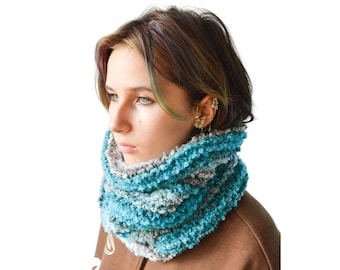 Blue Chunky Hooded Cowl Scarf Winter Hood Knitted Head Scarf Warm Neck Warmer Snood Christmas Gift