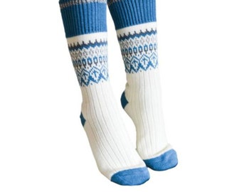 Alpaca Wool Socks Women Hiking Warm Socks Blue White Socks Fair Isle Socks Size US7-9