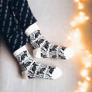 Alpaca Wool Socks for Women Valentines Day Gift Socks Stocking Stuffer for Women Winter Socks Hand Knitted Socks Cat Socks Size 7-8 US whiteblack cat US7-9