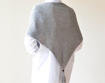 Grey Hand Knit Linen Shawl Wrap: Grey Celtic Triangle Scarf Cover Up