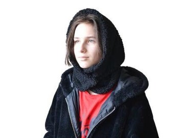 Warm Hooded cowl for Women balaclava Winter warm hood Black Hooded scarf Cnunky hood Valentines Day Gift