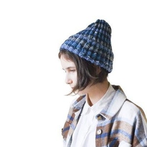 Wool Beanie for Women Men Blue Striped Fisherman Hand Knitted Beanie Hat Birthday gift for geek image 1