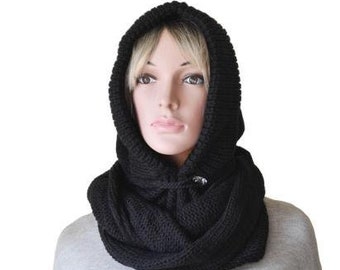 Black Hooded cowl for Women balaclava Winter warm hood Hooded scarf