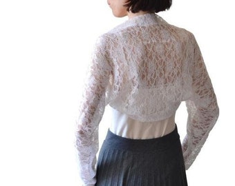 Bridal lace jacket shrug Long sleeve bolero Petite size shrug White Bridal jacket Wedding shrug