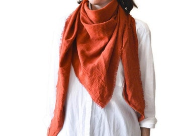 Rust Brown Organic Cotton Muslin XXL triangle shawl wrap for women Medieval shawl Head scarf Best Gift For Mom