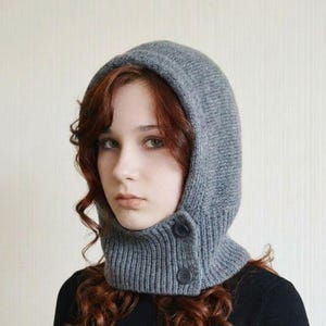 Grey Knit Hooded Cowl Scarf: Wool Acrylic Blend Balaclava, Black, Beige image 1