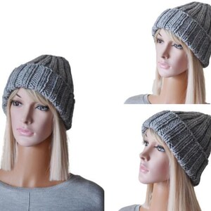 Chunky Knit Cuffed Winter Hat Women Double Brim Hat Grey Knitted Hat Spring gift for her Bild 2