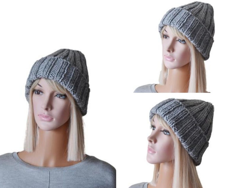 Chunky Knit Cuffed Winter Hat Women Double Brim Hat Grey Knitted Hat Spring gift for her image 2