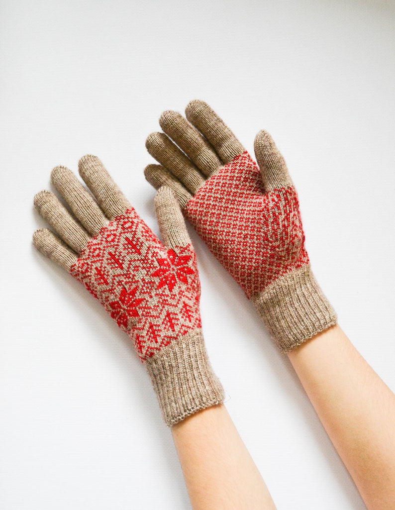 Full finger gloves knit Fair isle patterned gloves Winter knit gloves Acrylic arm warmers Birthday Gift for her image 3