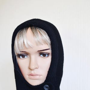 Grey Knit Hooded Cowl Scarf: Wool Acrylic Blend Balaclava, Black, Beige image 14