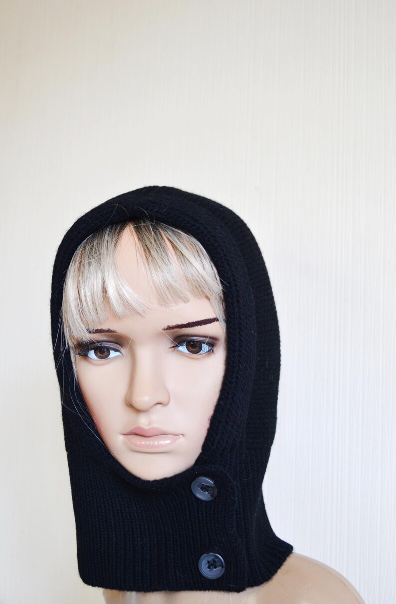 Grey Knit Hooded Cowl Scarf: Wool Acrylic Blend Balaclava, Black, Beige image 14