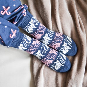 Alpaca Wool Socks for Women Valentines Day Gift Socks Stocking Stuffer for Women Winter Socks Hand Knitted Socks Cat Socks Size 7-8 US bluepink cat US7-9