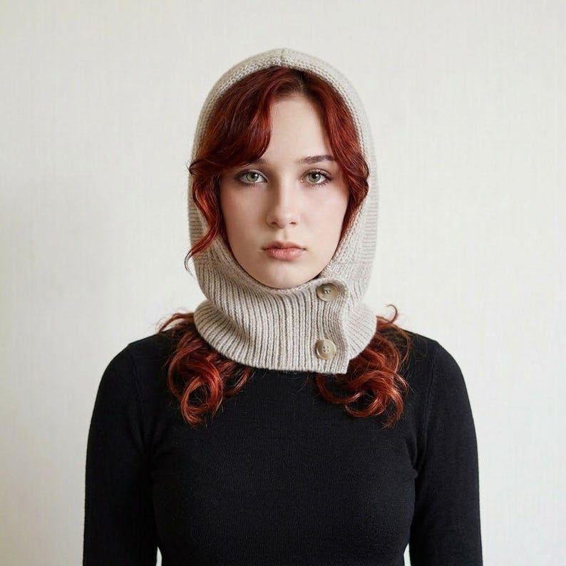 Grey Knit Hooded Cowl Scarf: Wool Acrylic Blend Balaclava, Black, Beige beige