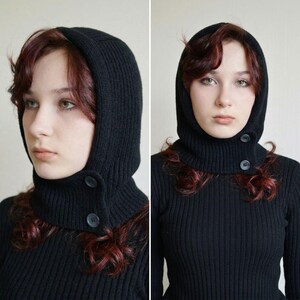 Grey Knit Hooded Cowl Scarf: Wool Acrylic Blend Balaclava, Black, Beige image 12