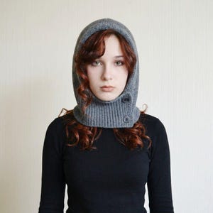 Grey Knit Hooded Cowl Scarf: Wool Acrylic Blend Balaclava, Black, Beige image 4