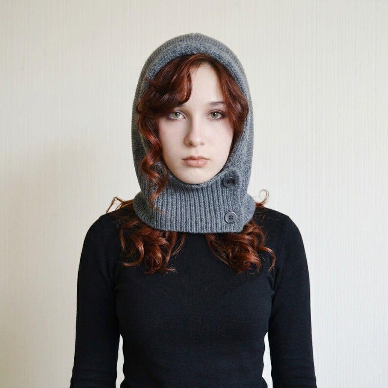 Grey Knit Hooded Cowl Scarf: Wool Acrylic Blend Balaclava, Black, Beige image 4