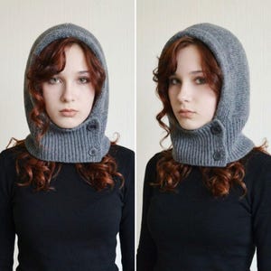 Grey Knit Hooded Cowl Scarf: Wool Acrylic Blend Balaclava, Black, Beige image 2