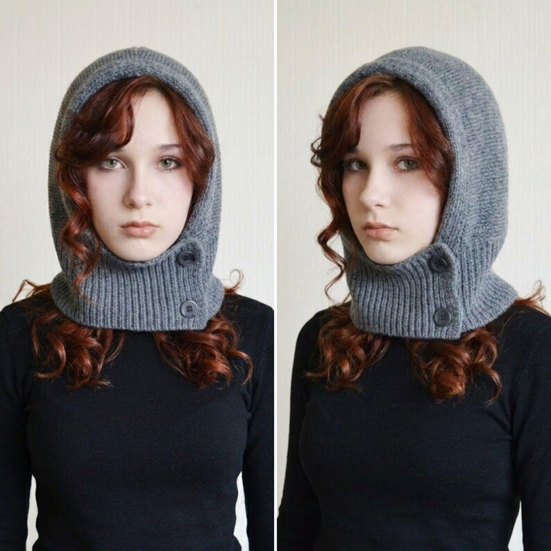 Grey Knit Hooded Cowl Scarf: Wool Acrylic Blend Balaclava, Black, Beige image 2