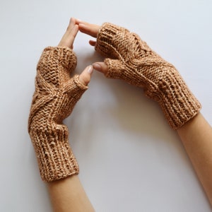 Cotton hand knitted gloves Ladies gloves Fingerless Beige gloves Handmade wrist warmers Leaves Gloves Mothers day gift image 6