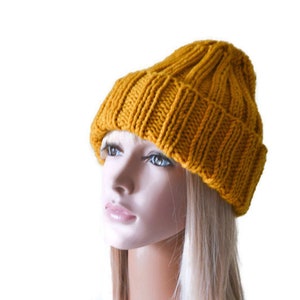 Chunky Knit Cuffed Winter Hat Women Double Brim Hat Grey Knitted Hat Spring gift for her mustard yellow