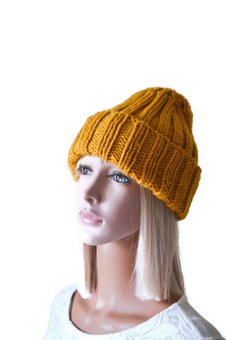 Chunky Knit Cuffed Winter Hat Women Double Brim Hat Grey Knitted Hat Spring gift for her mustard yellow