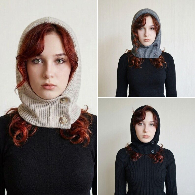 Grey Knit Hooded Cowl Scarf: Wool Acrylic Blend Balaclava, Black, Beige image 6