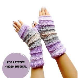 Könnte beinhalten: Lila und graue gestreifte Fingerlose Handschuhe mit einem PDF-Muster und einem Video-Tutorial.