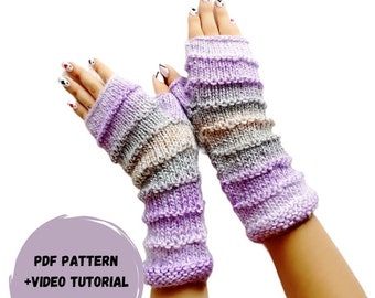 Easy Fingerless Gloves Knitting Pattern PDF Arm Warmers Wrist Warmers Multicolored Striped Instant Download