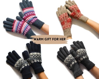 Full finger gloves knit Fair isle patterned gloves Winter knit gloves Acrylic arm warmers Christmas gift