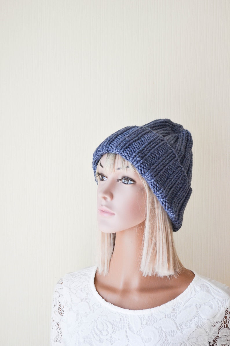 Chunky Knit Cuffed Winter Hat Women Double Brim Hat Grey Knitted Hat Spring gift for her blue jeans