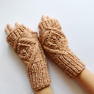 Cotton hand knitted gloves Ladies gloves Fingerless Beige gloves Handmade wrist warmers Leaves Gloves Mothers day gift image 5