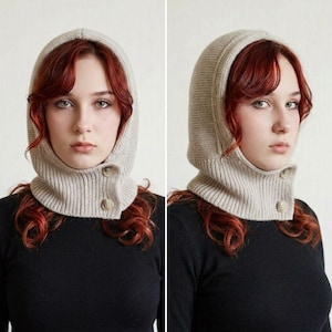 Grey Knit Hooded Cowl Scarf: Wool Acrylic Blend Balaclava, Black, Beige image 5