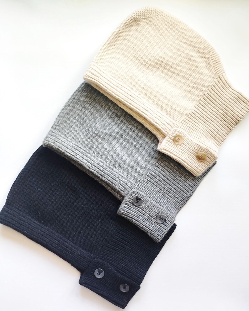 Grey Knit Hooded Cowl Scarf: Wool Acrylic Blend Balaclava, Black, Beige image 16