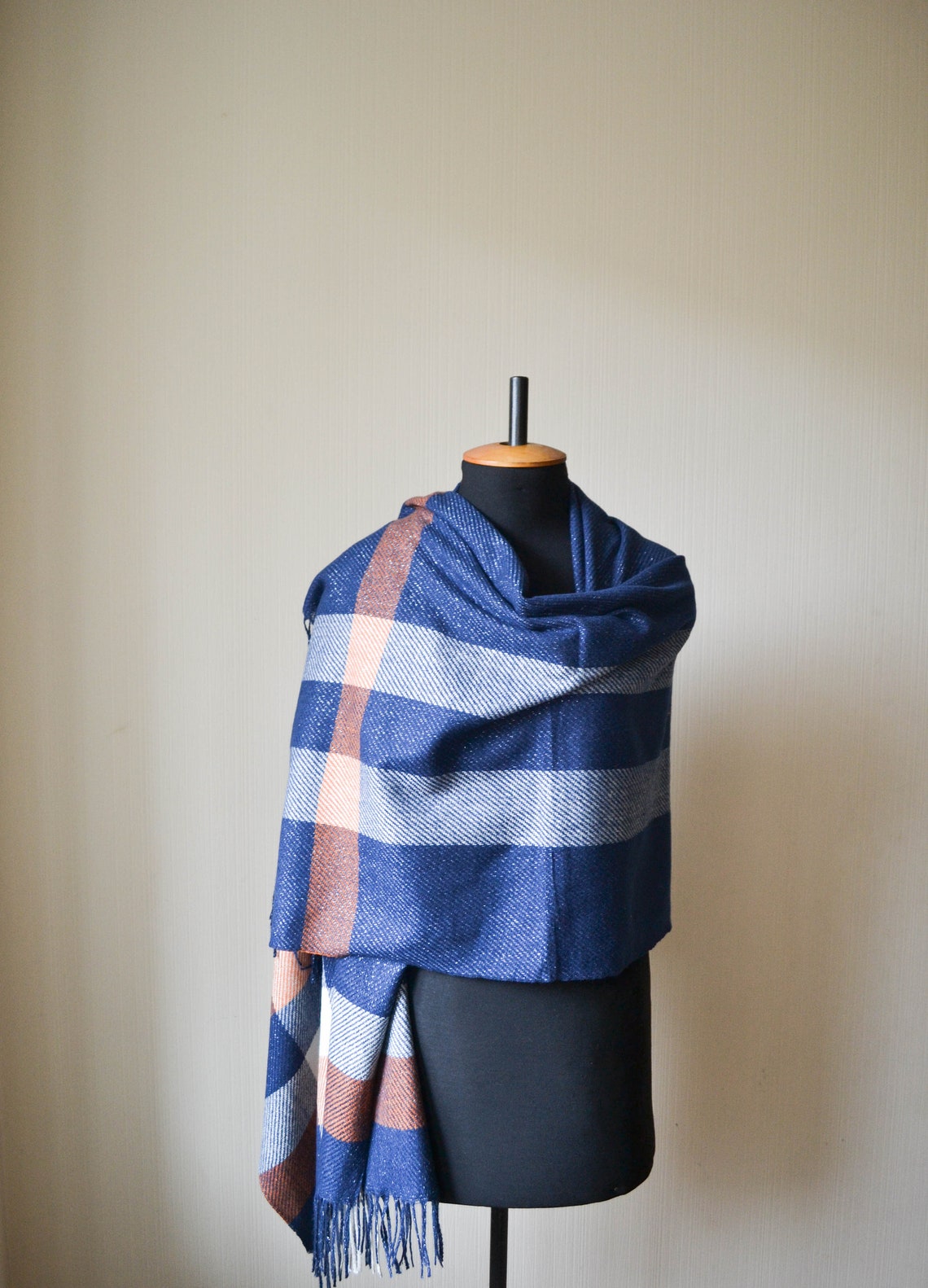 Blue orange scarf Navy blue plaid scarf Navy blue oversized Etsy