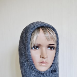 Grey Knit Hooded Cowl Scarf: Wool Acrylic Blend Balaclava, Black, Beige image 3