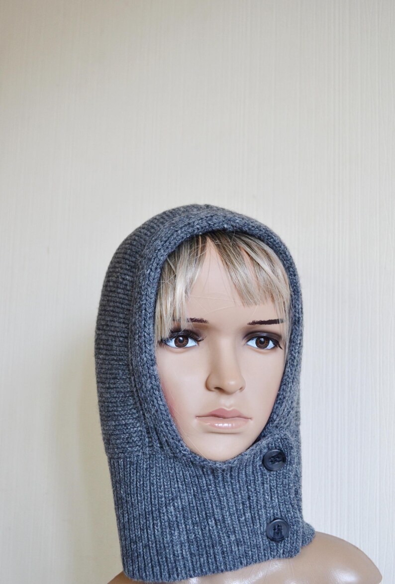 Grey Knit Hooded Cowl Scarf: Wool Acrylic Blend Balaclava, Black, Beige image 3