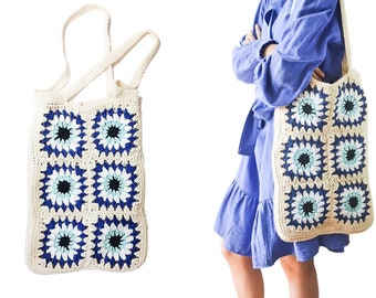 Evil Eye Crochet Tote Bag Granny Square Crochet Bag Hippie Boho Bag Large Festival Shoulder Bag Handmade Book Bag Gift for girlfriend