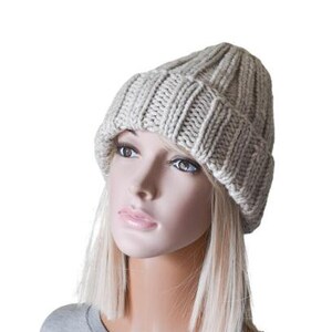 Chunky Knit Cuffed Winter Hat Women Double Brim Hat Grey Knitted Hat Spring gift for her oatmeal grey